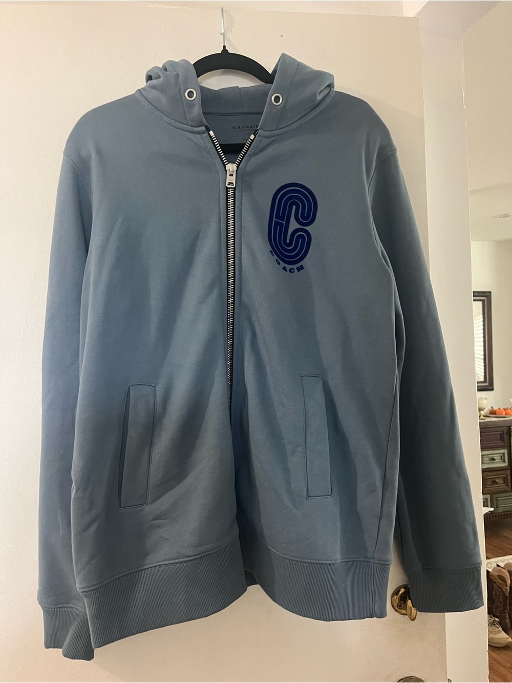 Coach Men’s Slate Blue Zip-Up Hoodie with Navy Felt Logo